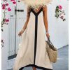 51CGELzKQgL.jpg Women's Spaghetti Strap V Neck Color Block A Line Vacation Maxi Dress