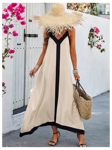 51CGELzKQgL.jpg Women's Spaghetti Strap V Neck Color Block A Line Vacation Maxi Dress