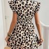 Women's Leopard Print Mini Dress Short Sleeve V Neck Ruffle A Line Flowy Summer Dresses