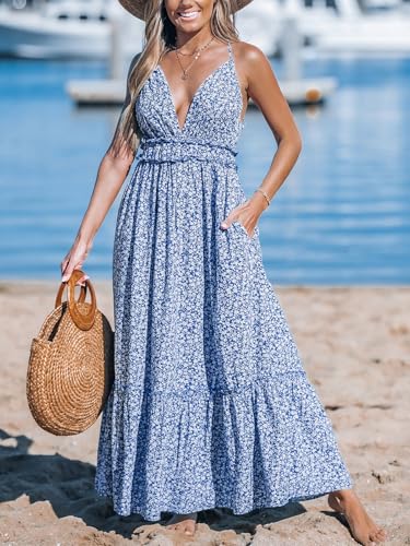 51CWDTC4V4L.jpg Women's Plunging V Neck Sleeveless Floral Boho Backless Ruffled Beach Summer Maxi Dresses with Pockets