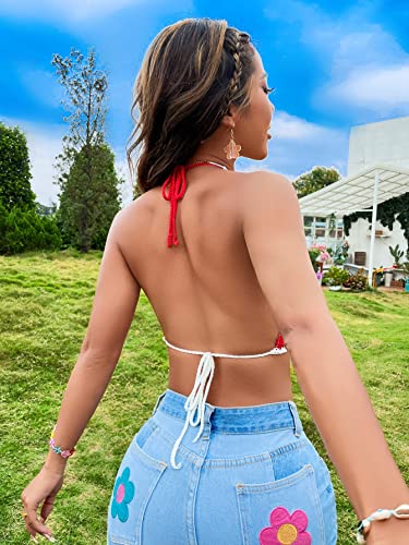 51CaHVBJGWL.jpg Women's Backless Rainbow Striped Halter Tie Back Tops Sleeveless Knit Crop Top