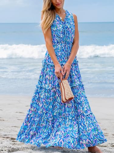 Women's Maxi Dress Ruffled V Neck Abstract Printed Sleeveless Self Tie A Line Long Summer Formal Dress