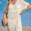 Women Crochet Swimsuit Cover Up Short Sleeve Beach Dress V Neck Bathing Suit Coverups for Beach Swimwear