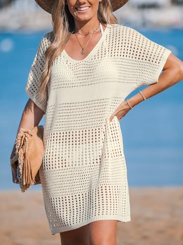 Women Crochet Swimsuit Cover Up Short Sleeve Beach Dress V Neck Bathing Suit Coverups for Beach Swimwear