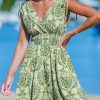 Women's Mini Dress V Neck Sleeveless Paisley Smocked Waist Short Casual Summer Dress