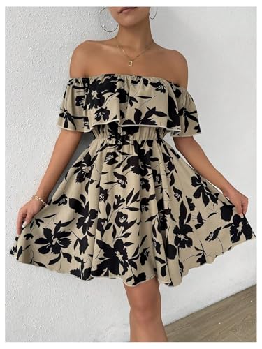 Women's Off The Shoulder Floral Summer Dresses Short Sleeve Ruffle A Line Flowy Short Dress