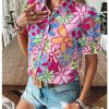 Women's Floral Print Button Down Blouse Ruffle Short Puff Sleeve Boho Tops