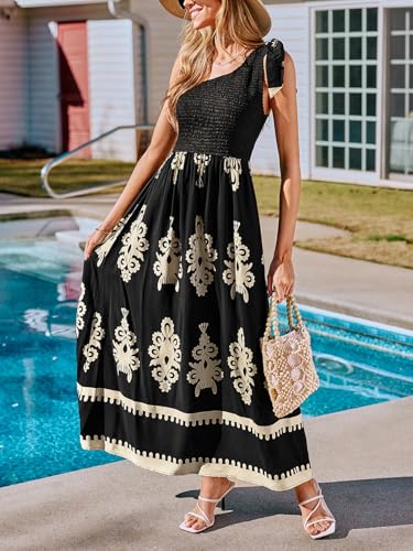 Women's Smocked One Shoulder Summer Dresses Sleeveless Vacation Maxi Dress Long Beach Sundress