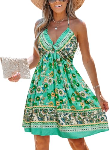 51Esdnn3TZL.jpg Women's Backless Halter Beach Dress Boho Ruffle Plunge V Neck Mini Sundress Summer Dresses