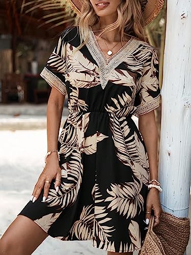 51EuOXtAOkL.jpg Women's Floral Print Short Sleeve V Neck Dress Casual Summer Lace Trim A Line Short Dresses