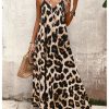51F9EDKFA0L.jpg Women's Leopard Print Maxi Dress V Neck Spaghetti Strap Flowy Long Vacation Summer Dresses