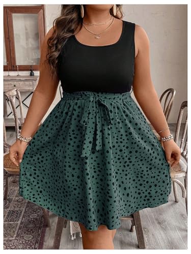 Women's Plus Size Polka Dots Sleeveless Summer Tank Dress Belted Vacation Beach Flowy Short Dresses