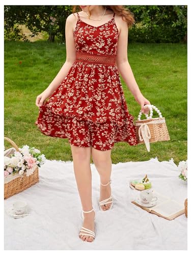 Girl's Floral Print Ruffle Hem Sleeveless Summer Cami Dresses