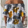 Women's Ruffle Half Sleeve Off Shoulder Knot Front Floral Crop Blouses