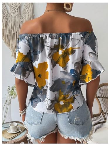 Women's Ruffle Half Sleeve Off Shoulder Knot Front Floral Crop Blouses