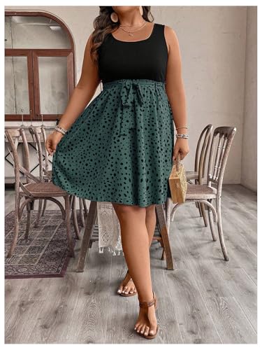 Women's Plus Size Polka Dots Sleeveless Summer Tank Dress Belted Vacation Beach Flowy Short Dresses