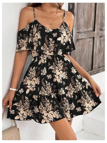 51FdgADTUsL.jpg Women's Boho Floral Print Cold Shoulder Dress Short Sleeve Ruffle A Line Vacation Elegant Mini Dresses