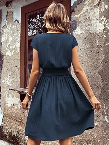 51FyNOmnDdL.jpg Women's Short Batwing Sleeve Cross Wrap V-Neck A-line Casual Swing Dress Plain Shirred Flared Short Dress
