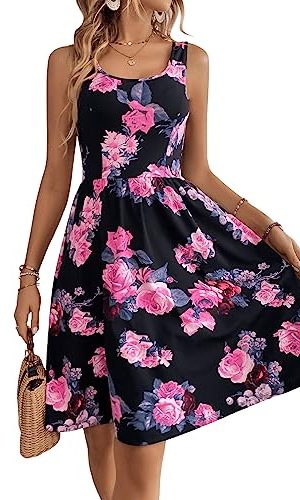 Women's Boho Floral Print Scoop Neck Tank Dress Summer Ruffle A Line Knee Length Dresses