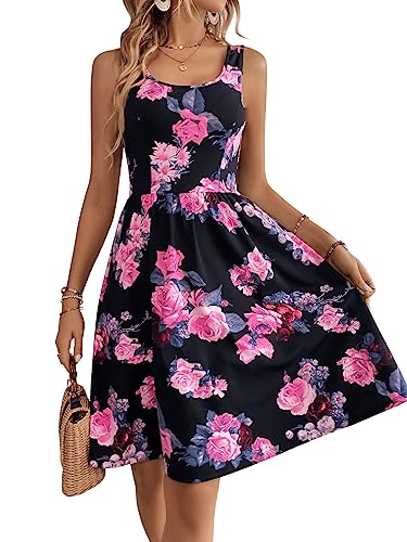 51FzWDxMbyL.jpg Women's Boho Floral Print Scoop Neck Tank Dress Summer Ruffle A Line Knee Length Dresses