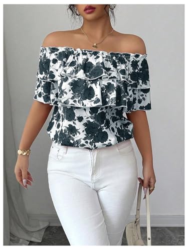 Women's Off The Shoulder Ruffle Short Sleeve Floral Print Summer Blouse Tops
