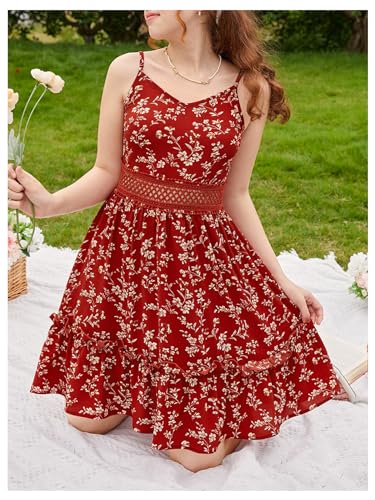 Girl's Floral Print Ruffle Hem Sleeveless Summer Cami Dresses