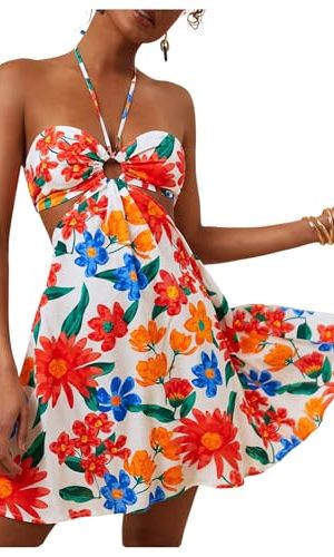 51H5WN1VI-L.jpg Women's Floral Print Cut Out Sleeveless Halter Mini Dress Holiday Flowy Vacation Dresses