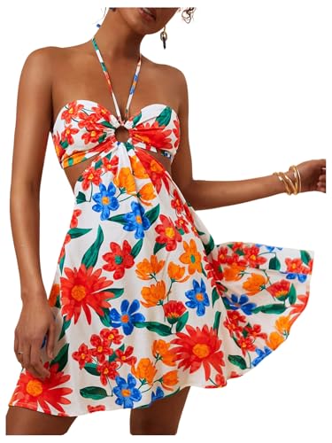 51H5WN1VI-L.jpg Women's Floral Print Cut Out Sleeveless Halter Mini Dress Holiday Flowy Vacation Dresses