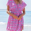 Women's Swimsuit Coverup Casual V Neck Beach Dress Short Sleeve Elastic Waist Swimwear Cover Ups 2025 Beachwear