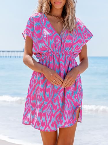 Women's Swimsuit Coverup Casual V Neck Beach Dress Short Sleeve Elastic Waist Swimwear Cover Ups 2025 Beachwear