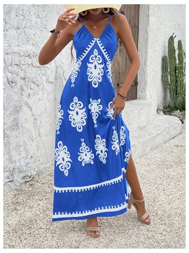 51IGFJUUtL.jpg Women's Summer Printed Maxi Dress V Neck Spaghetti Strap Split Flowy Cami Dresses Sundress