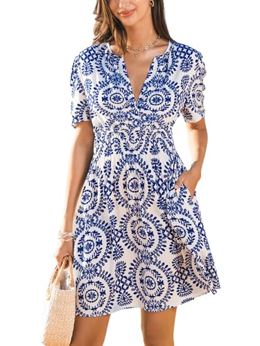 Womens Summer Dresses 2025 V Neck Short Sleeve Flowy A-line Beach Vacation Dress with Pockets