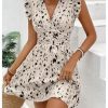 Women's Ruffle Cap Sleeve Ruched Summer Dress V Neck A Line Mini Sun Dresses