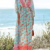 51IPhq0mtIL.jpg Women's Plunging V Neck Paisley Boho Backless Beach Dress Blouson Sleeve Back Tie Waist Tie Maxi Summer Dresses