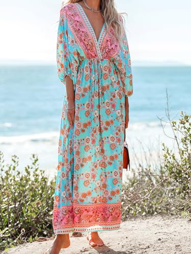 51IPhq0mtIL.jpg Women's Plunging V Neck Paisley Boho Backless Beach Dress Blouson Sleeve Back Tie Waist Tie Maxi Summer Dresses