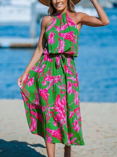 Women's Midi Dress Halter Floral Sleeveless Belted Ruffled A Line Casual Summer Dress