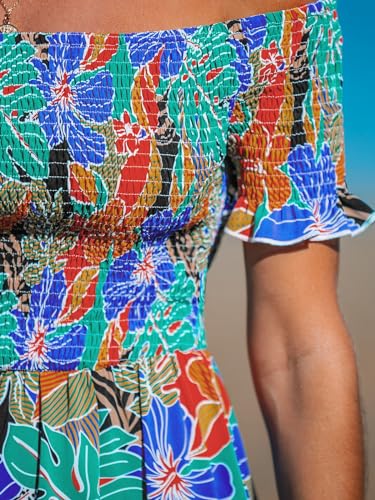 Women's Off The Shoulder Ruffled Short Sleeve Smocked Paisley Beach Midi Dress