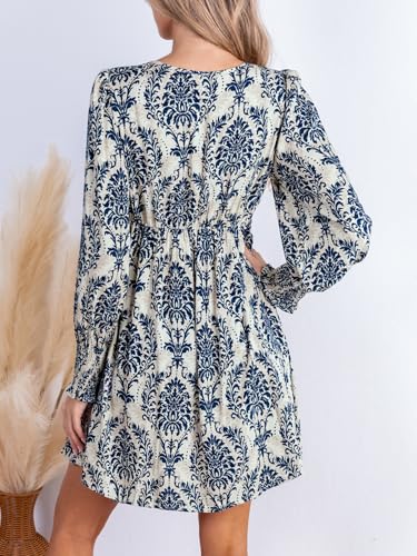 51JGE2xO0nL.jpg Women's Mini Dress Smocked V Neck Long Sleeve Empire Waist Casual A Line Dress