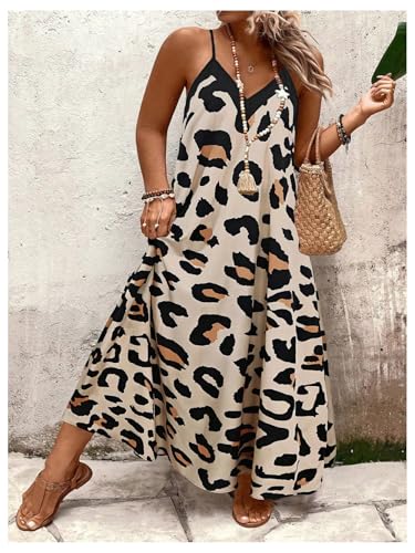 51JV255Ut6L.jpg Women's Plus Size Leopard Print Sleeveless Loose Flowy Maxi Cami Dress Summer Going Out Outfits