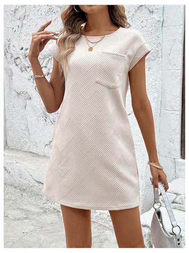 Women's Summer Dresses Round Neck Cap Sleeve T Shirt Mini Dress with Pockets