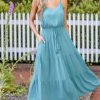Women's Summer Dresses Casual V Neck Elastic Waist Maxi Tiered Dress with Pockets