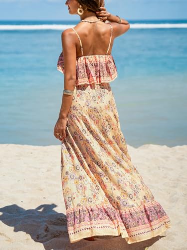 Women Ruffle Floral Summer Dress Spaghetti Strap Backless Flounce Casual Sundress Beach Holiday Maxi Dress