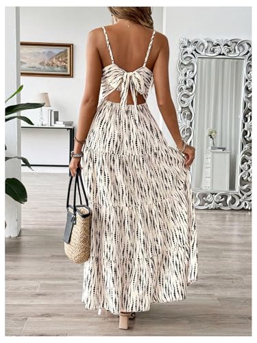 Women's Summer Maxi Dress V Neck Bow Tie Cutout Boho Vacation Ruffle Long Dresses