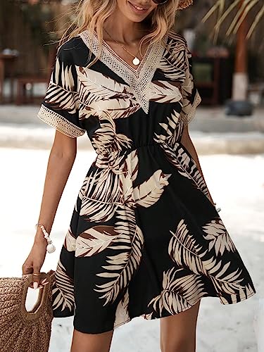 51M1yyPZduL.jpg Women's Floral Print Short Sleeve V Neck Dress Casual Summer Lace Trim A Line Short Dresses