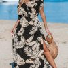 51M9aC9M3OL.jpg Women's Plunging V Neck Dress Tropical Leaves Print Dresses Short Sleeve Split Hem Maxi Dress