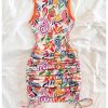 Women's Summer Bodycon Mini Dresses Floral Print Ruched Sleeveless Vacation Beach Tank Dress