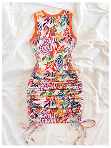 Women's Summer Bodycon Mini Dresses Floral Print Ruched Sleeveless Vacation Beach Tank Dress