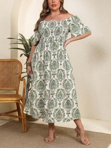 51Mrn5dmgtL.jpg Women's Plus Size Casual Summer Midi Dress Square Neck Short Sleeves Smocked Waist with Pockets