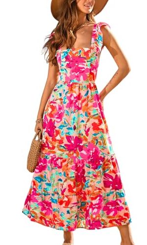 51Mu5u59unL.jpg Women's Floral Square Neck Sleeveless Ruffle Trim Backless Tie Twisted Summer Beach Maxi Dress
