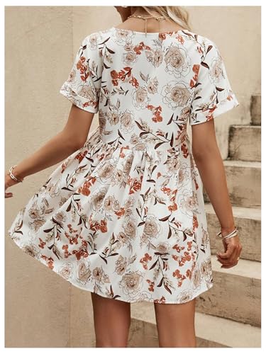 Women's Floral Print Ruffle Mini Dresses Dolman Short Sleeve V Neck Vacation Boho Dress